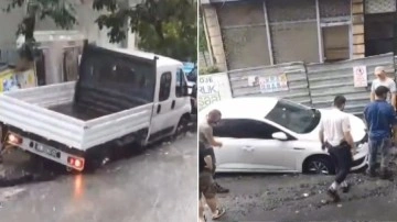 Bayrampaşa'da yol çöktü: Araçlar içine düştü!